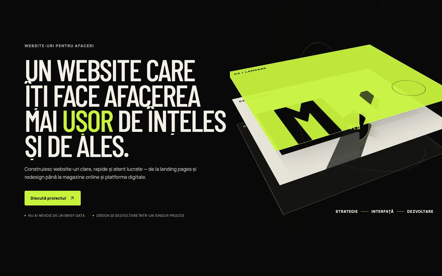 Secțiunea hero Meelenium Labs: oferta studioului și traseul spre formularul de contact.