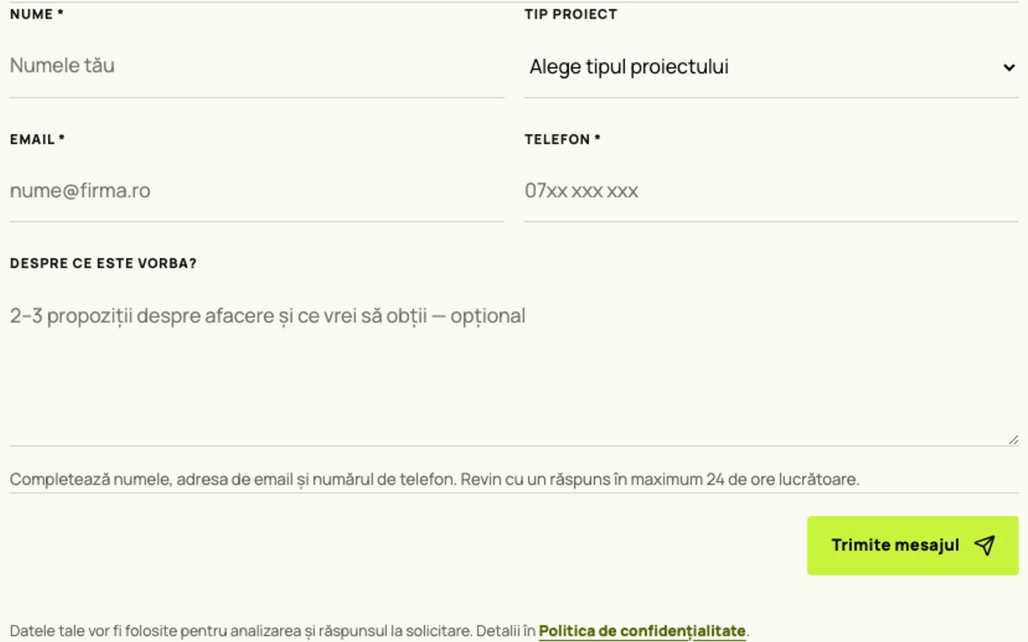 Formularul Meelenium Labs pentru discutarea cerințelor unui proiect web.