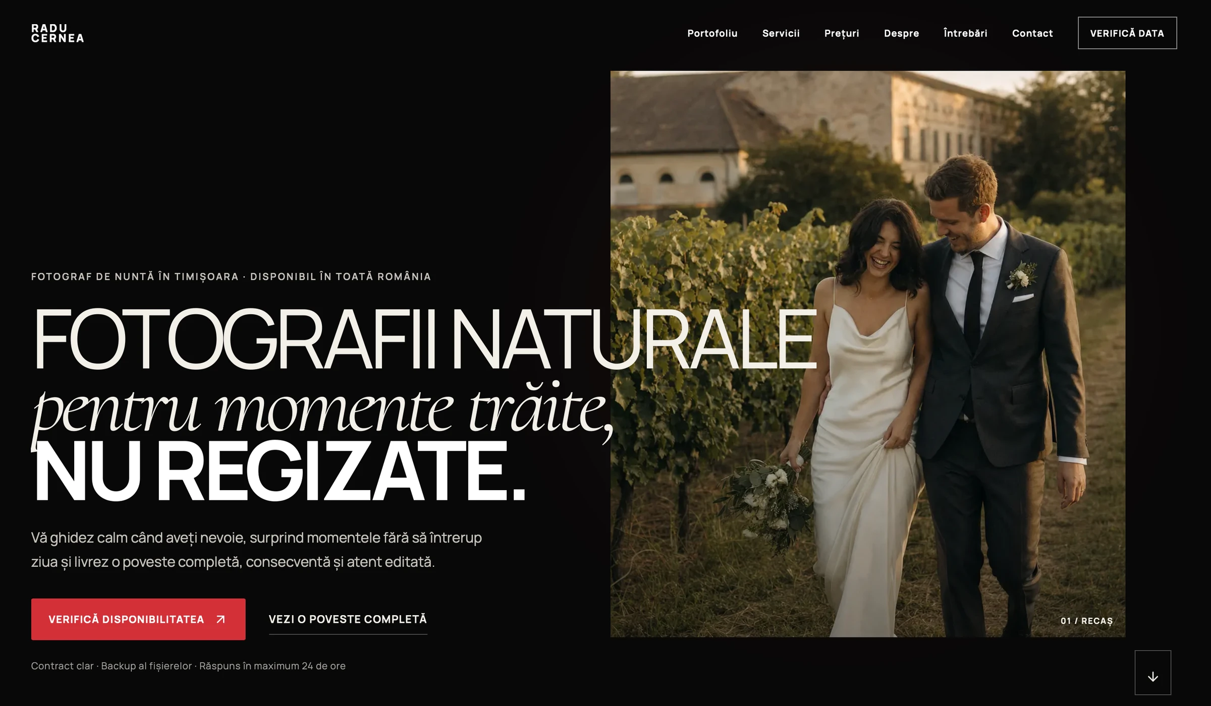 Website-ul Radu Cernea: fotografie de nuntă, navigație și butonul Verifică disponibilitatea.